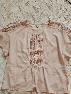 Daniel Rainn Dusty Blush Pleated Yoke Short Sleeve Blouse